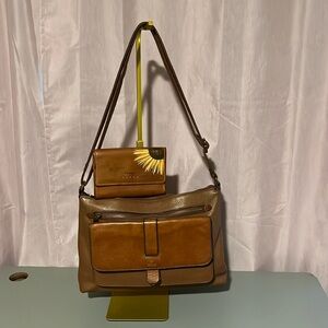 Fossil Tan Leather Bag and Wallet Combo
